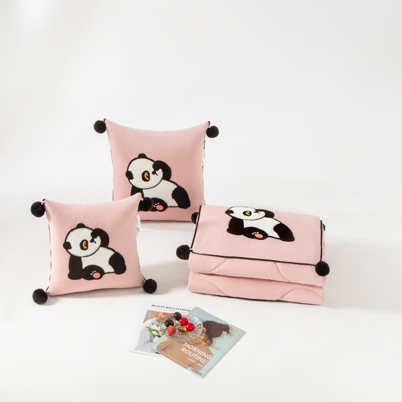 （总）2023新款水洗棉麻抱枕被-Hello Panda系列 50X50cm打开被子150*190cm 轻柔粉-乐乐