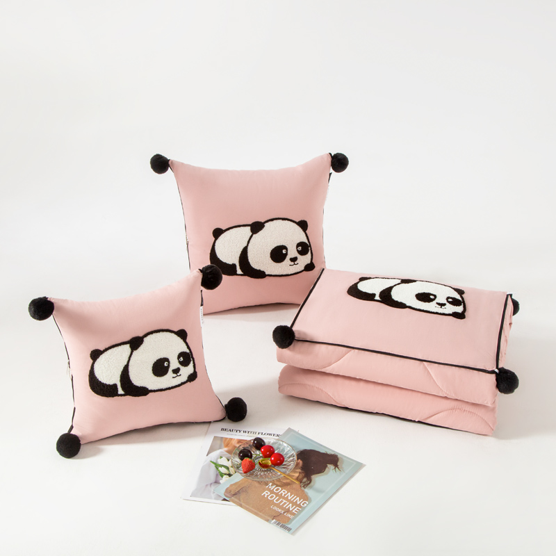 （总）2023新款水洗棉麻抱枕被-Hello Panda系列 50X50cm打开被子150*190cm 轻柔粉-团团