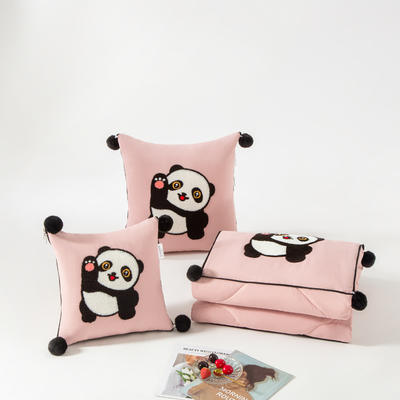 （总）2023新款水洗棉麻抱枕被-Hello Panda系列 50X50cm打开被子150*190cm 轻柔粉-仔仔