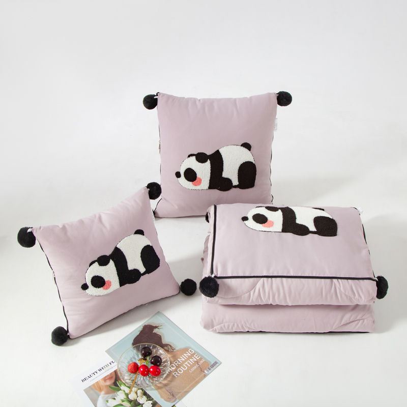 （总）2023新款水洗棉麻抱枕被-Hello Panda系列 50X50cm打开被子150*190cm 温柔紫-果果