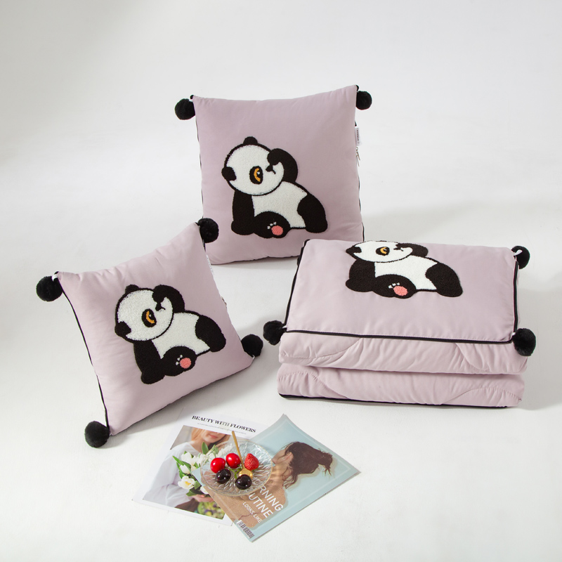（总）2023新款水洗棉麻抱枕被-Hello Panda系列 50X50cm打开被子150*190cm 温柔紫-乐乐