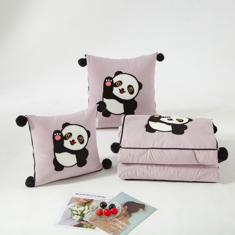 （总）2023新款水洗棉麻抱枕被-Hello Panda系列 50X50cm打开被子150*190cm 温柔紫-仔仔