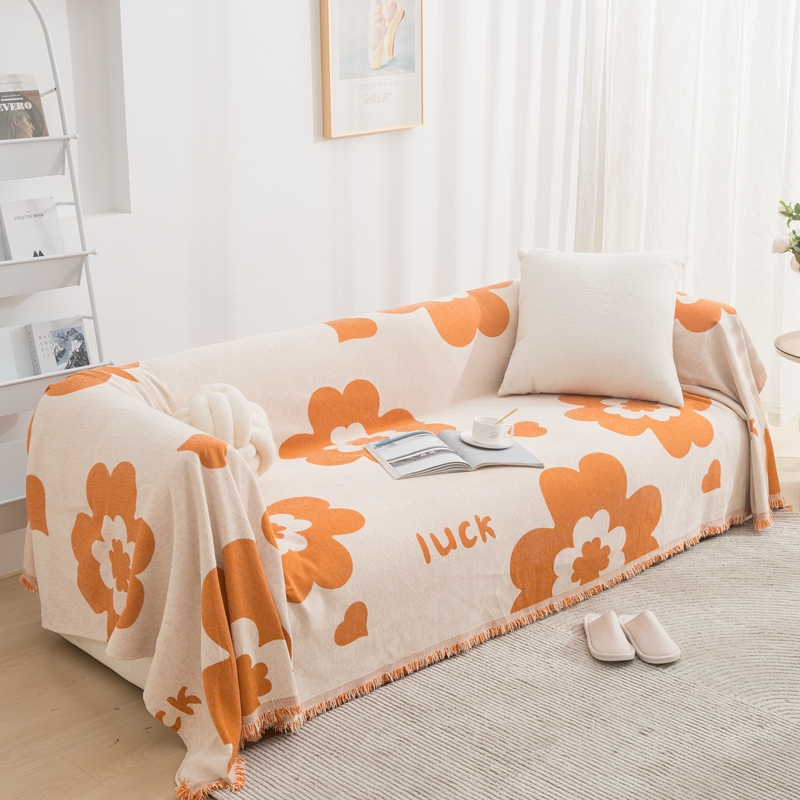 2023新款防滑抗皱雪尼尔沙发巾 180x150（单人位） 沙发巾太阳花-橙色