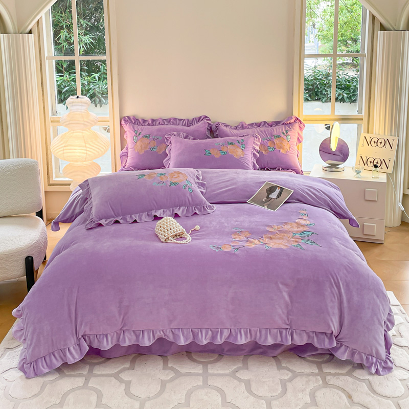2023新款婴儿绒刺绣四件套-贝拉花园系列 1.8m床单款四件套 贝拉花园-浪漫紫