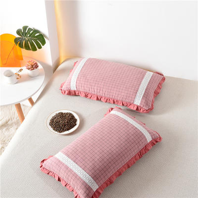 纯棉水洗棉荞麦枕头枕芯枕套 宽边粉格