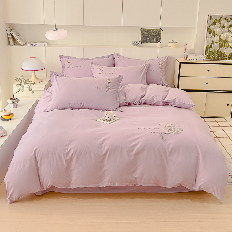 A类全棉色织水洗棉刺绣花四件套纯棉100%床单被套 1.8m床单款四件套 花野-浅紫