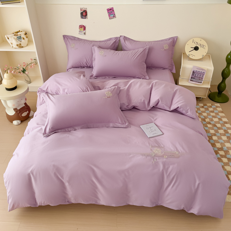 A类全棉色织水洗棉刺绣花四件套纯棉100%床单被套 1.8m床单款四件套 莫丽-浅紫