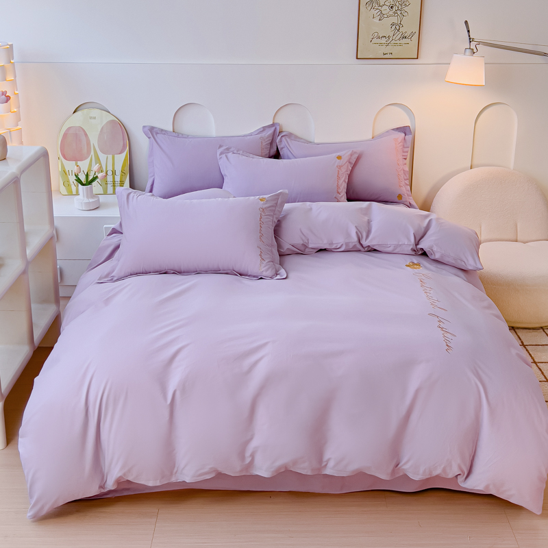 A类全棉色织水洗棉刺绣花四件套纯棉100%床单被套 1.8m床单款四件套 可可小香-浅紫
