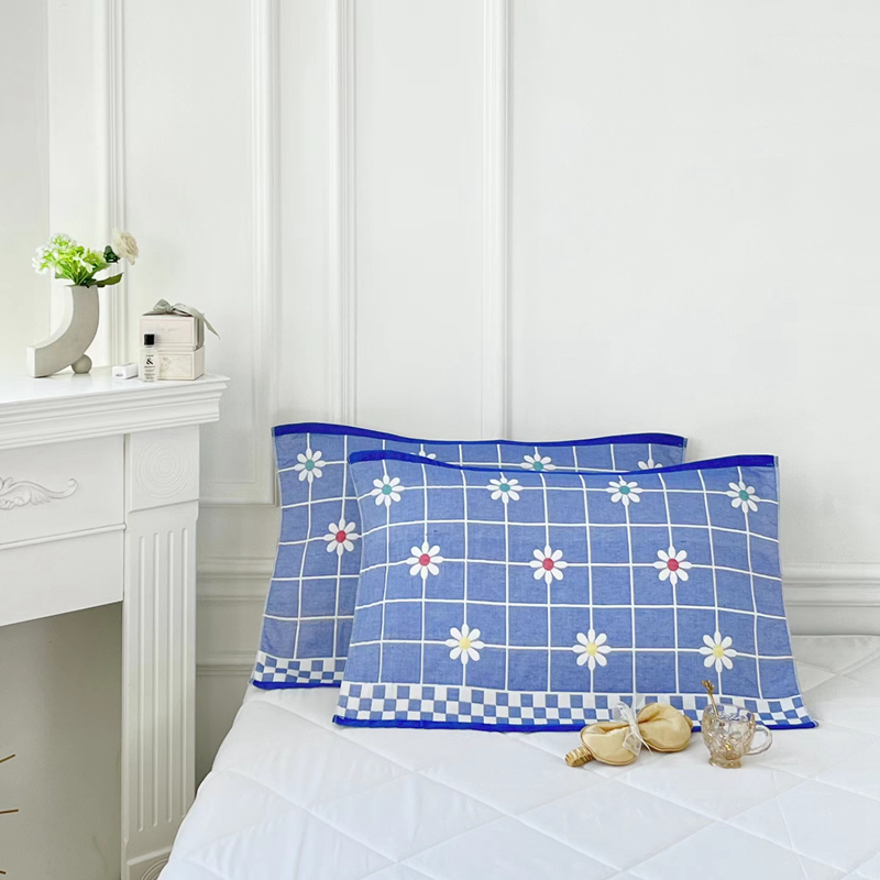 2023新款三层色织水洗棉系列枕巾（50x80cm/对） 缤纷花朵蓝