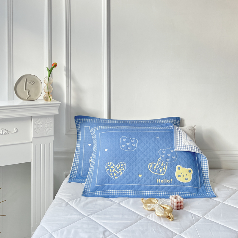 2023新款三层色织水洗棉系列枕巾（50x80cm/对） 甜心熊蓝