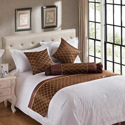 2022新款酒店宾馆配套床上用品床尾巾床旗抱枕糖果枕系列 1.2米床用 深棕色网格