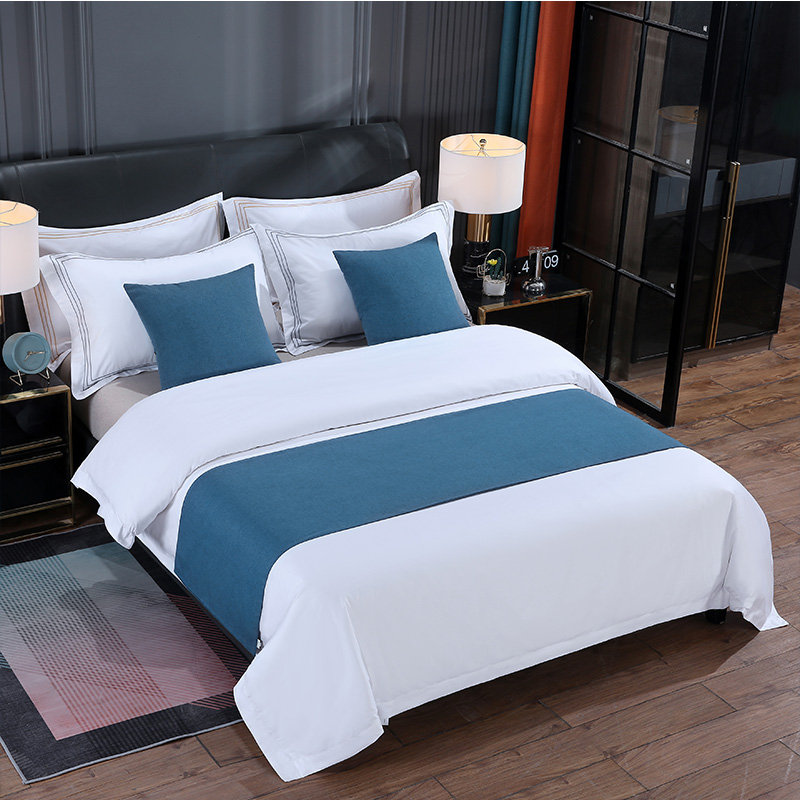 2023新款酒店宾馆配套床上用品床尾巾床旗抱枕 棉麻纯色 1.2床适用（50*180cm） 蓝色