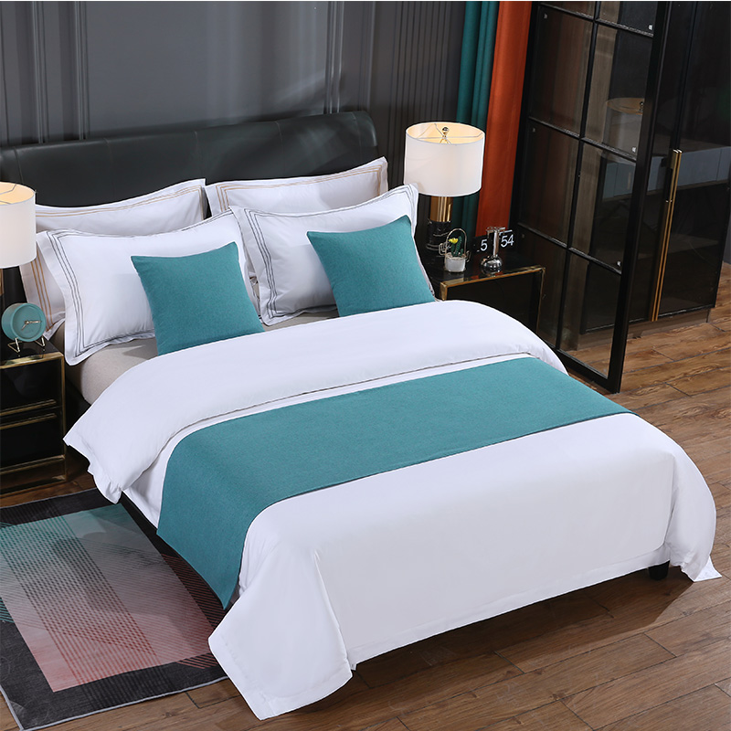 2023新款酒店宾馆配套床上用品床尾巾床旗抱枕 棉麻纯色 1.2床适用（50*180cm） 青色