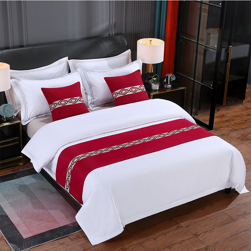 2023新款酒店宾馆配套床上用品床尾巾床旗抱枕 织带棉麻拼色 1.2床适用（50*180cm） 波浪 红