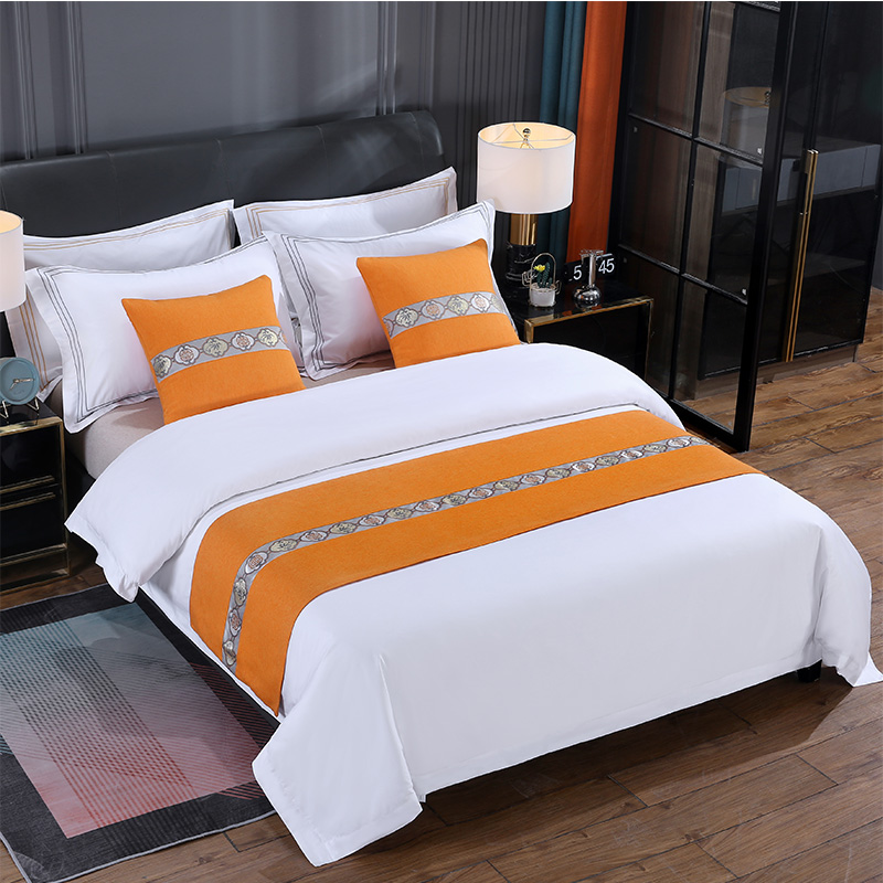 2023新款酒店宾馆配套床上用品床尾巾床旗抱枕 织带棉麻拼色 1.2床适用（50*180cm） 喜竹 橘