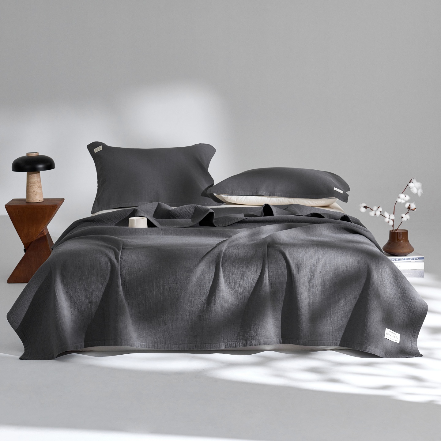 2025新款亚麻21股全棉亚麻床盖三件套 浅灰
