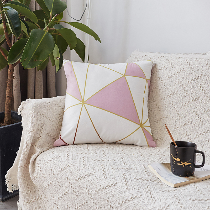 2020新款ins北欧极简风水晶绒抱枕沙发靠垫粉色系列 45x45cm【含芯】 几何粉白格