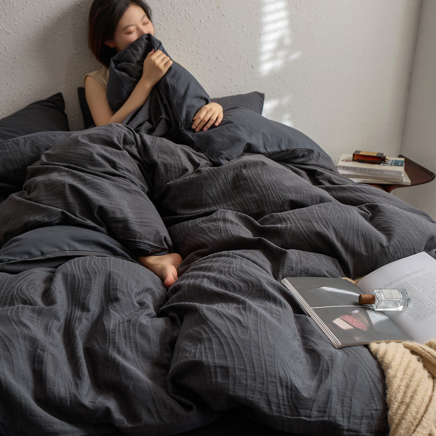 2025新款全棉肌理纹提花四件套 灰黑色