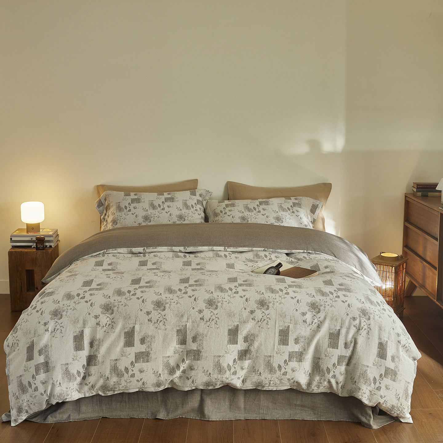 2025新款高级轻奢色织双层纱大提花棉麻四件套 梦芙-浅灰