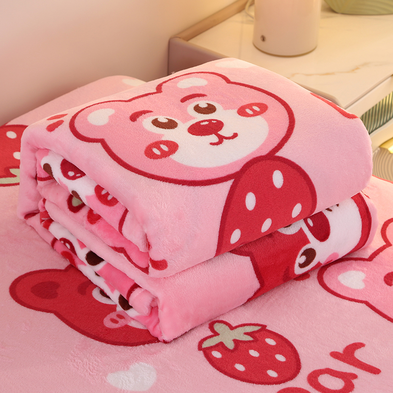 2023新款法兰绒印花卷边毛毯系列 100*150cm单毯 粉色小熊