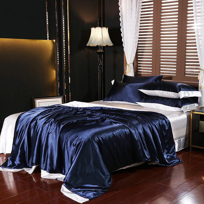 2024新款水洗真丝四件套冰丝床单丝绸被套丝滑裸睡床上用品 1.8m（6英尺）床单款 SHL藏蓝白