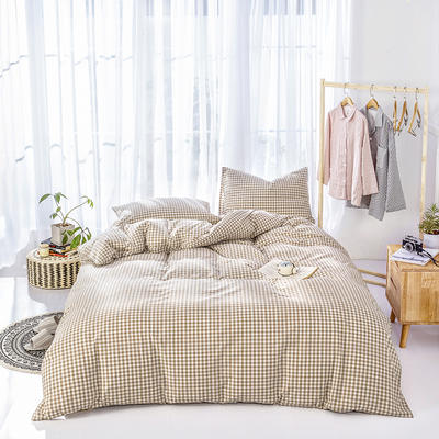 全棉水洗棉四件套32支精梳紧密纺日式纯棉格子床上用品 1.8m床单款四件套 咖小格