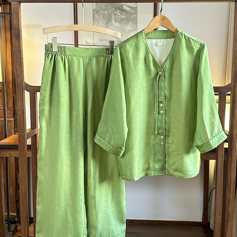 2024新款新中式双层纱莱赛尔七分袖九分裤套装 L 女款-双层纱 来赛尔 正阳绿