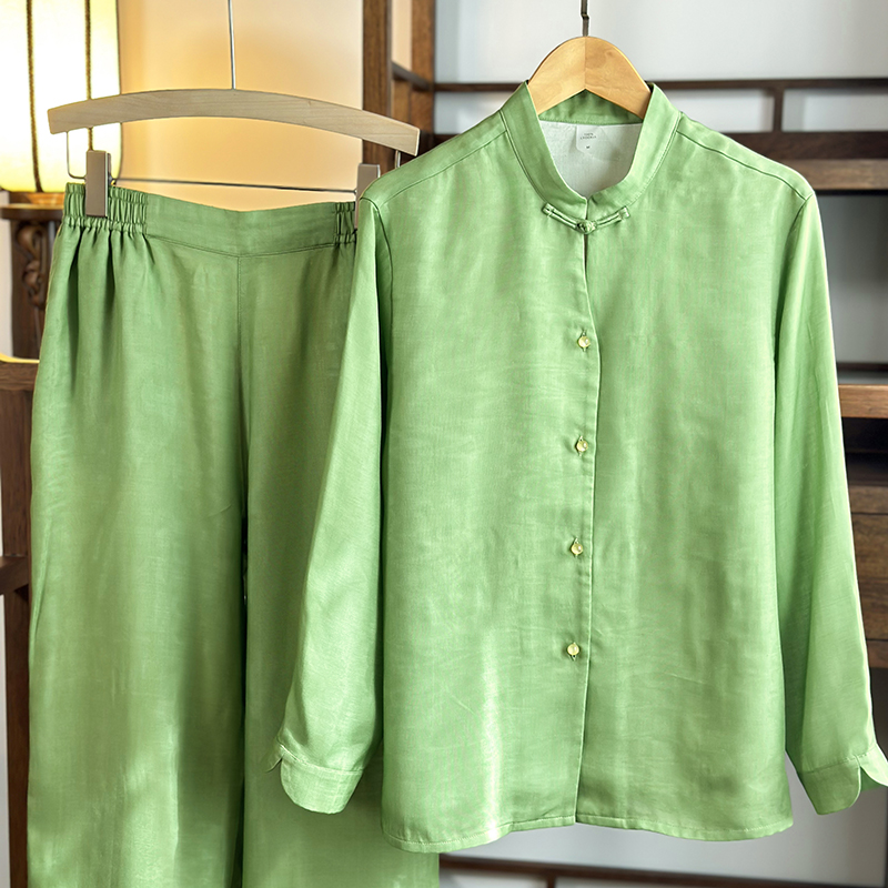 2024新款新中式双层纱莱赛尔长袖套装 L 女款-正阳绿
