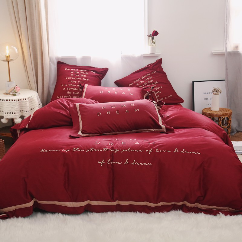 2019新款-60长绒棉刺绣四件套温情时光系列 床单款1.5m（5英尺）床 浪漫红
