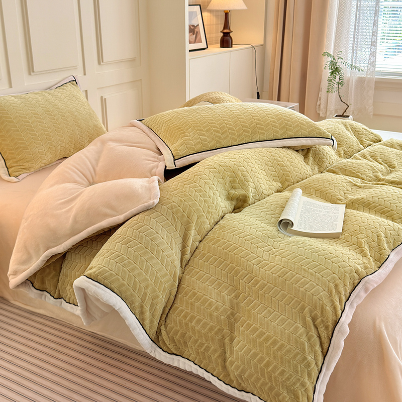 2025新款包边款色织剪花麦穗纹牛奶绒四件套 包边-麦穗粉玉