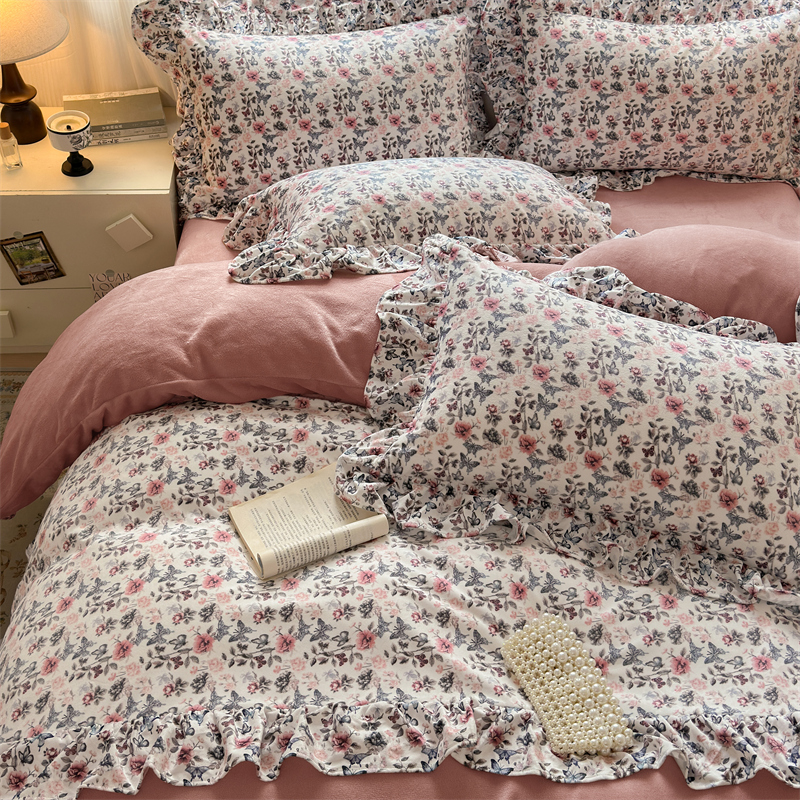 2025新款印花蝴蝶花边款牛奶绒宝宝绒四件套 花边款-雏菊黄