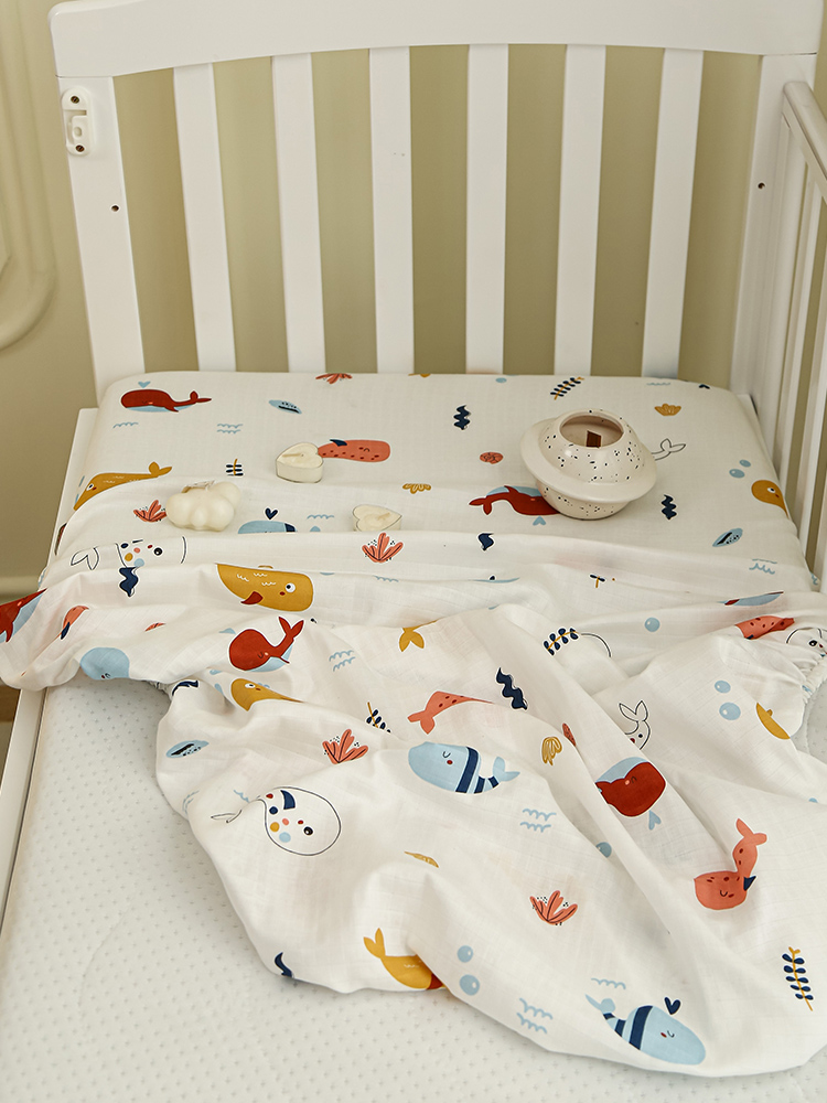 2024新款A类双层纱儿童床笠婴儿幼儿园拼接床床罩 系列---【场景二】 50*90cm 双层纱-小鲸鱼