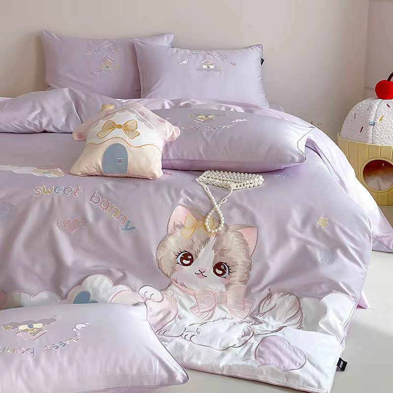 2026春夏全棉60支长绒棉软萌贴布绣四件套— 元气阿喵 元气阿喵-紫