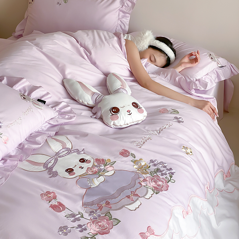2026秋冬全棉60支长绒棉软萌贴布绣四件套—花花兔精灵 花花兔精灵-紫