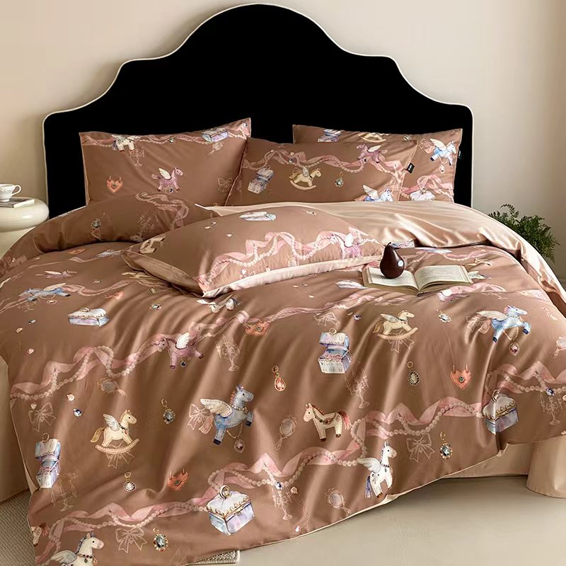 2026春夏全棉60支长绒棉数码印花四件套—有钱花 有钱花-棕