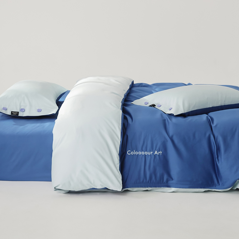 2024新款S100全棉纱织四件套-色彩艺术系列（场景一）（双面绣花，双面可用） 1.5m床单款四件套- 窃蓝色