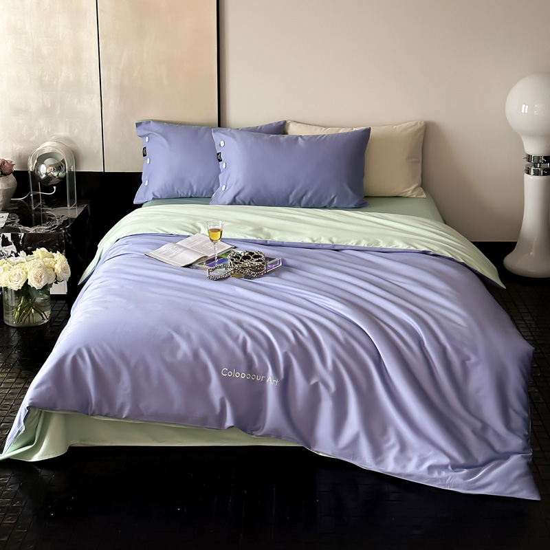 2024新款S100全棉纱织四件套-色彩艺术系列（场景二）（双面绣花，双面可用） 1.5m床单款四件套- 莫奈紫蓝