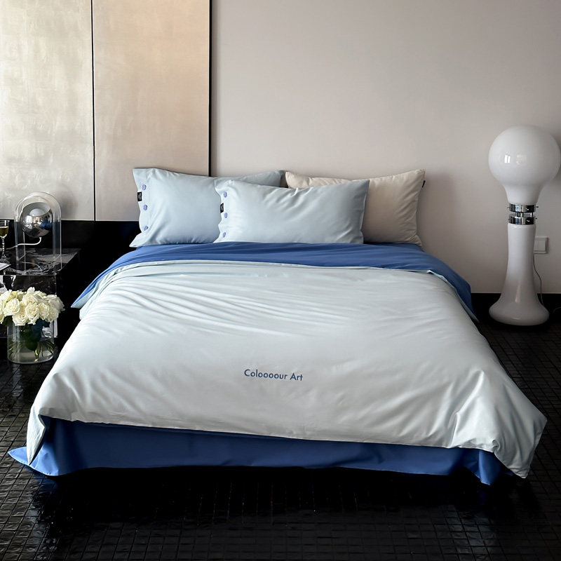 2024新款S100全棉纱织四件套-色彩艺术系列（场景二）（双面绣花，双面可用） 1.5m床单款四件套- 窃蓝色