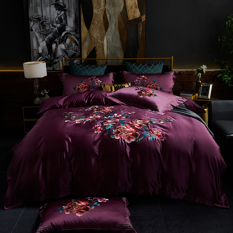2020新款高精密重磅真丝棉长绒棉刺绣套件（控价600/630） 1.8m床单款四件套 花开富贵魅惑紫