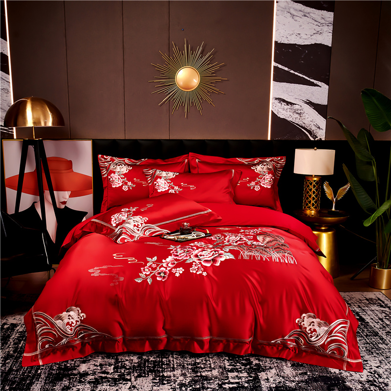 2023新款高精密重磅真丝棉长绒棉刺绣套件 1.5m（5英尺）床 富贵三多大红