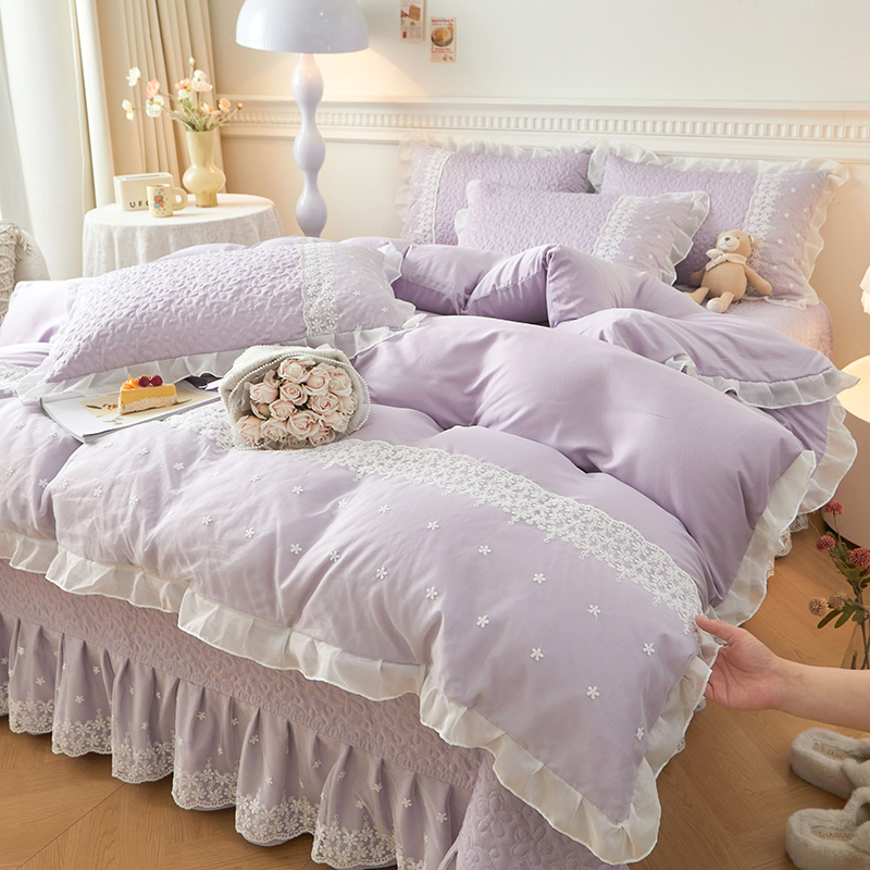 2024新款亲肤韩版蕾丝花边床盖四件套夏被四件套 床盖三件套（床盖250x250cm） 罗曼蒂-香芋紫