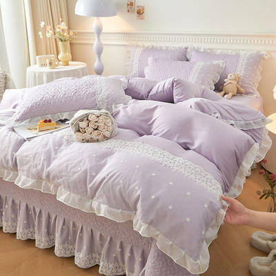 2024新款亲肤韩版蕾丝花边床盖四件套夏被四件套 床盖三件套（床盖250x250cm） 罗曼蒂-香芋紫