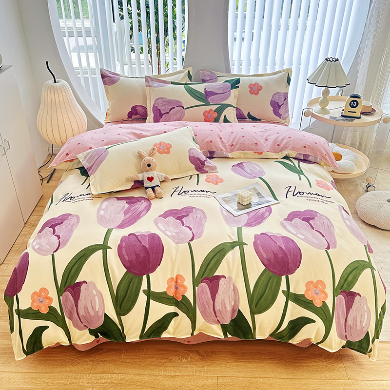 2025新款140克印花磨毛单品被套四件套 郁金香-紫