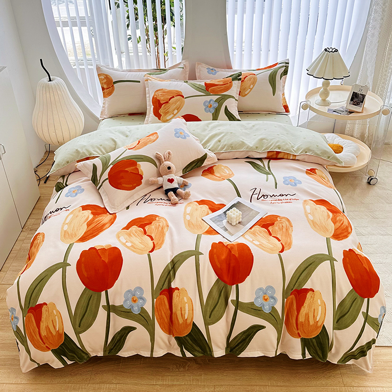 2025新款140克印花磨毛单品被套四件套 郁金香-绿