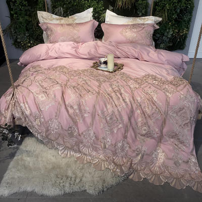 2018新款100S双股长绒棉蕾丝四件套 1.5m（5英尺）床 香缇卡-粉色