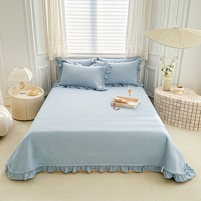 2024新款水洗棉麻双面床盖夏被两用款 单欧式床盖1.8*2.4m 床盖-蓝