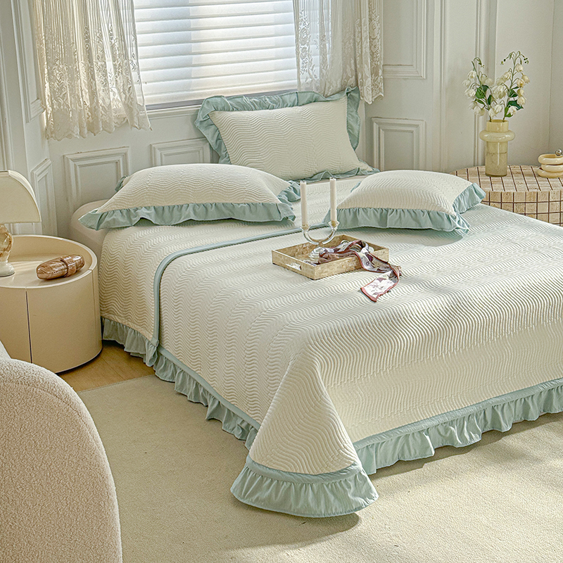 2024新款水洗棉麻双面床盖夏被两用款 单欧式床盖1.8*2.4m 白色-绿花边
