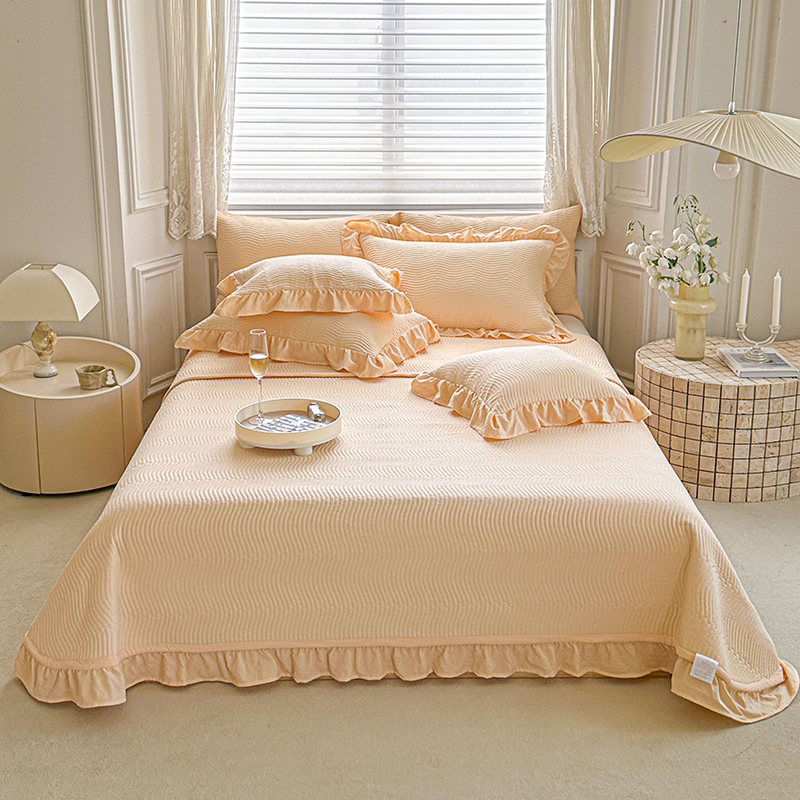 2024新款水洗棉麻双面床盖夏被两用款 单欧式床盖1.8*2.4m 浅米黄