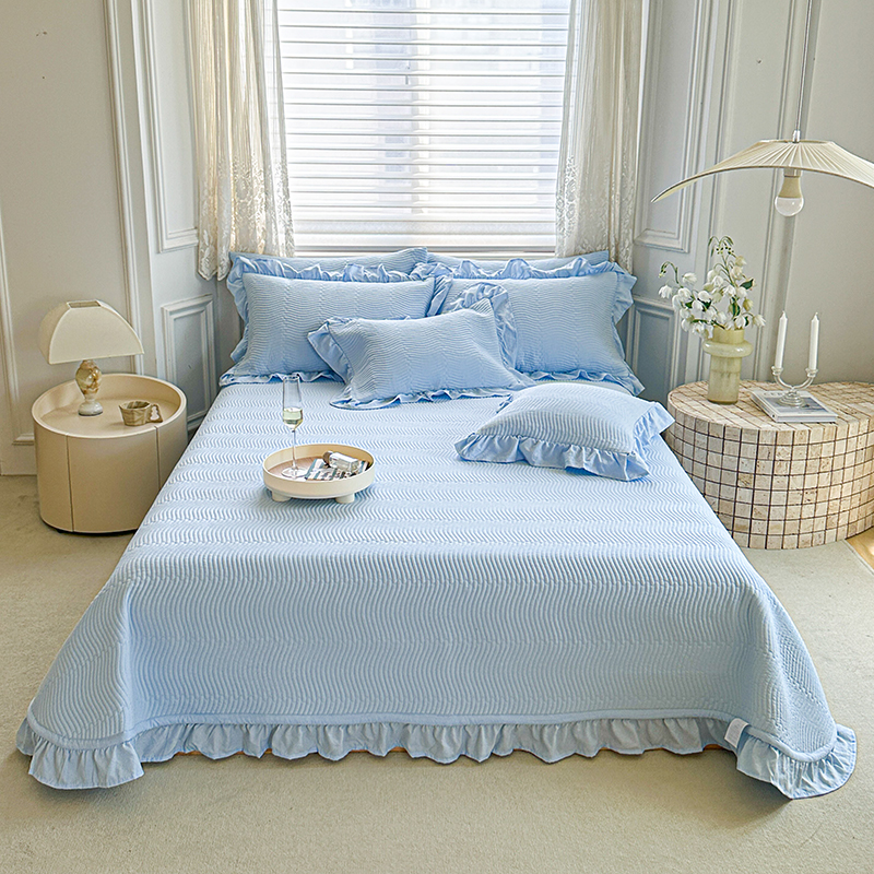 2024新款水洗棉麻双面床盖夏被两用款 单欧式床盖1.8*2.4m 天空蓝