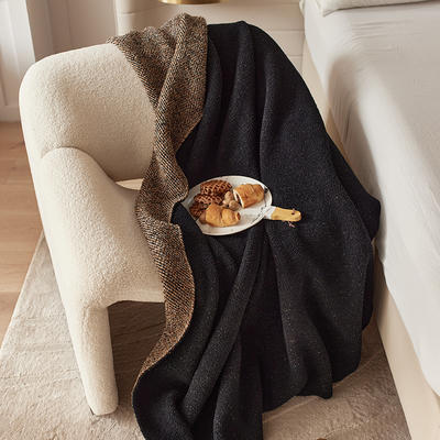 2022新款设计师太阳花A类半边绒针织毯子沙发办公室午睡毯秋冬--轻奢风格 130x170cm 黑咖啡